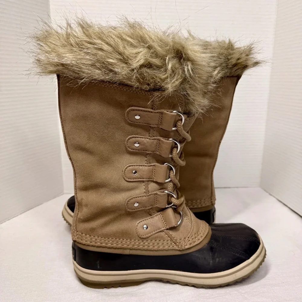 Sorel Joan of Arctic Boots Women 6.5 Waterproof Snow Faux Fur Camel Navy NL3481